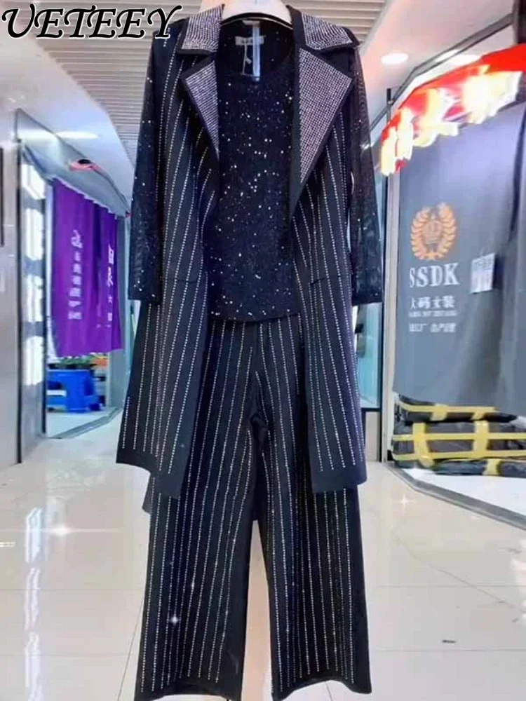 Spring 2024 New Oversize Women's Mid-Length Flab Hiding Light Diamond Vest + Bottoming Shirt + Trousers Black Three-Piece Suit