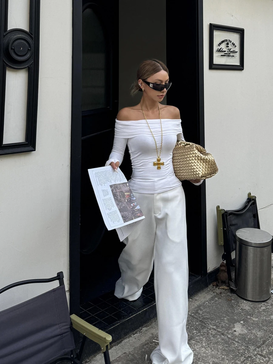 Reddachic calças de perna larga femininas de negócios sólido branco alta ascensão reta drapeado solto terno calças casuais senhora do escritório roupas formais