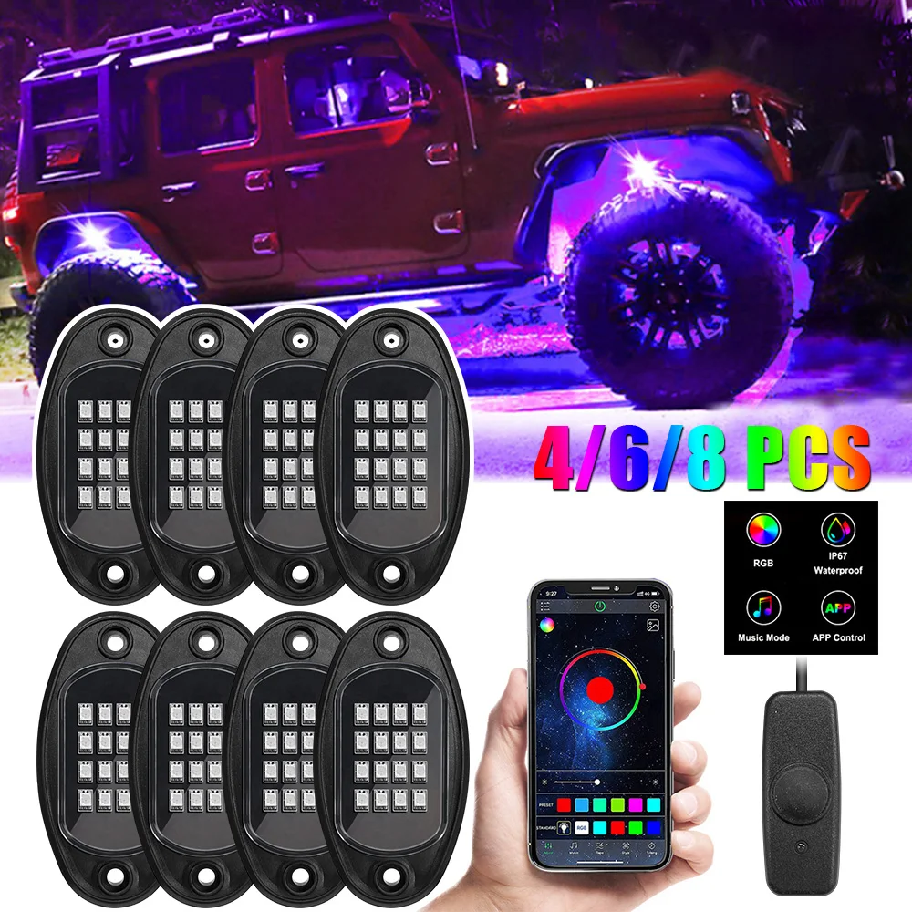 Undergolw Music Sync RGB LED Rock Lights For Jeep Off-Road Truck Boat Bluetooth APP Control 4/6/8 In 1 Car Chassis Light