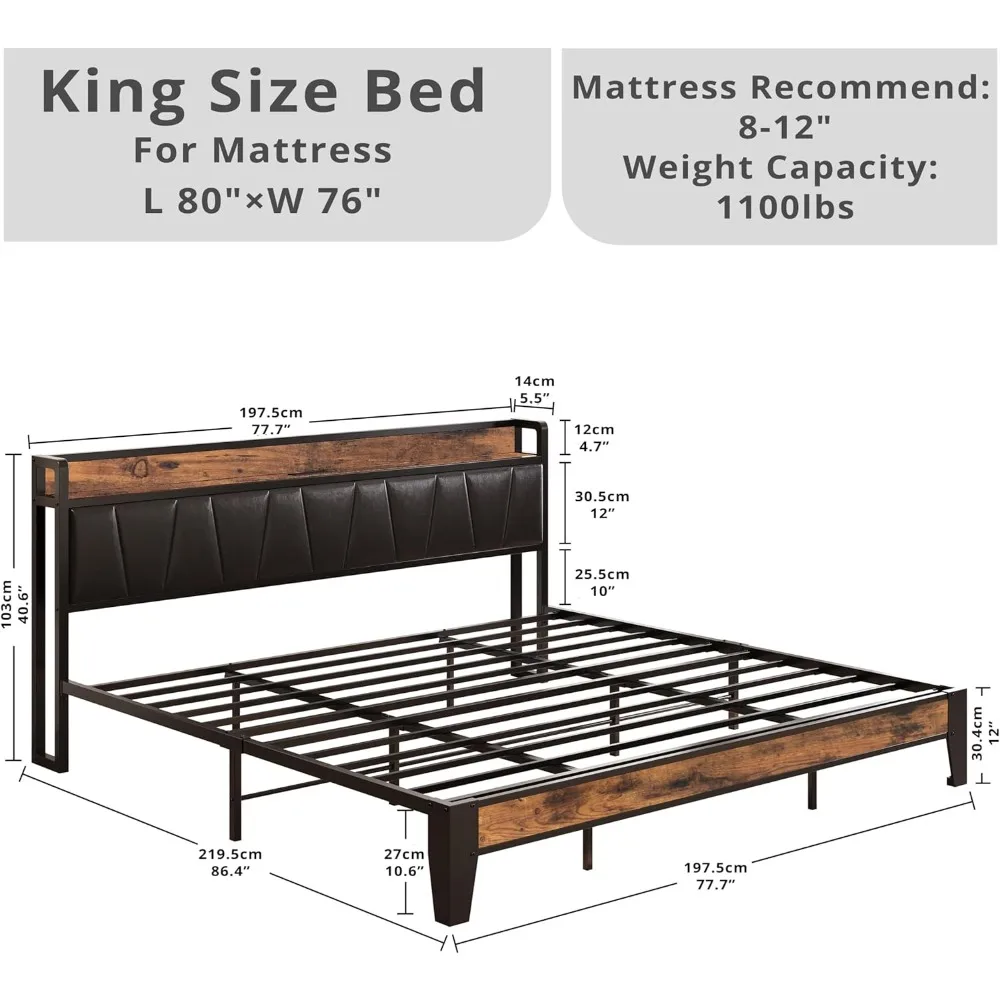 

LIKIMIO King Bed Frame, Storage Headboard with Charging Station, Solid and Stable, Noise Free, No Box Spring Needed, Easy Assemb