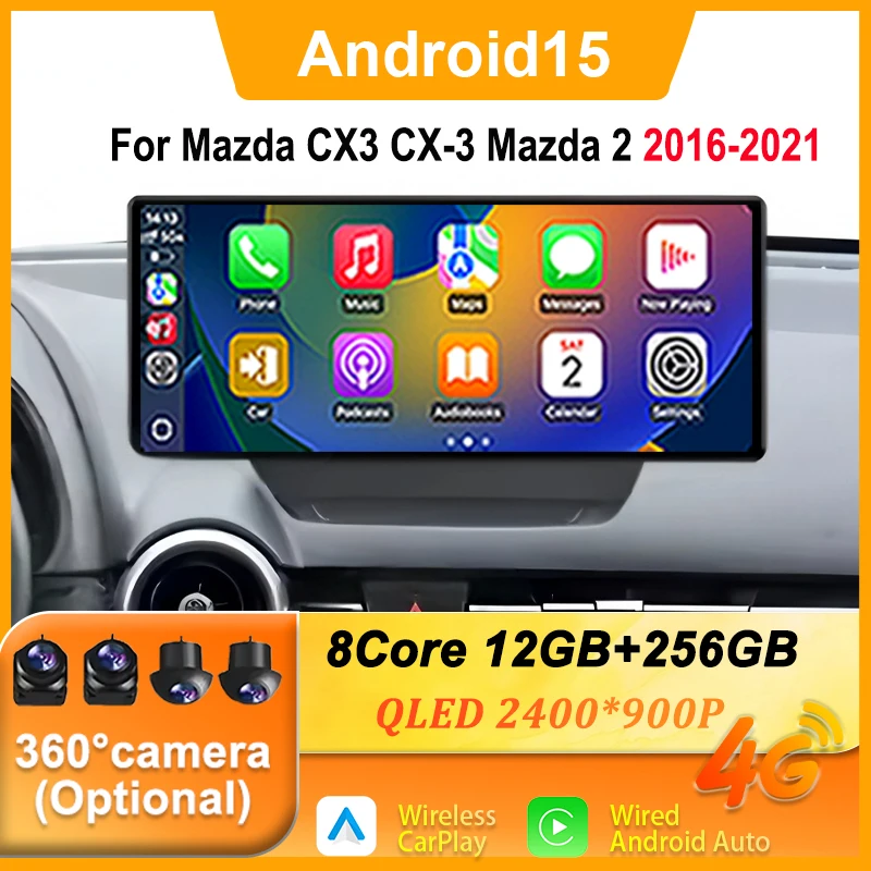 Pantalla de 12.3 Pulgadas con Android 15 para Mazda CX3 CX-3 Mazda 2 2016-2021, Reproductor Multimedia de Video, CarPlay, Radio para Auto, Autoradio, WIFI, 4G, DSP