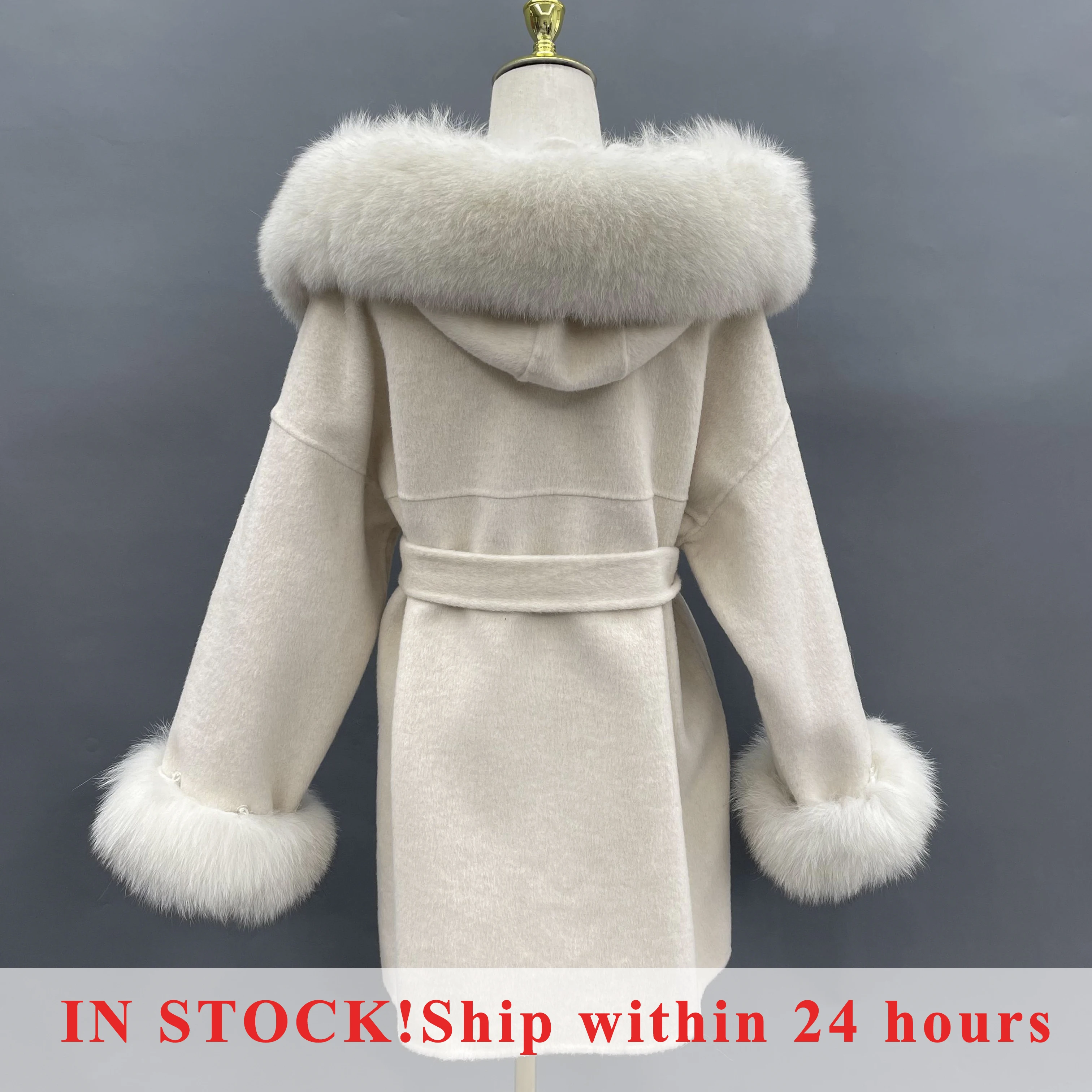 MISSJANEFUR Wool Coat with Real Fox Fur Collar Cuff Women Fashion Belted Cashmere Coats Warm Winter Hooded Trench Peacoat