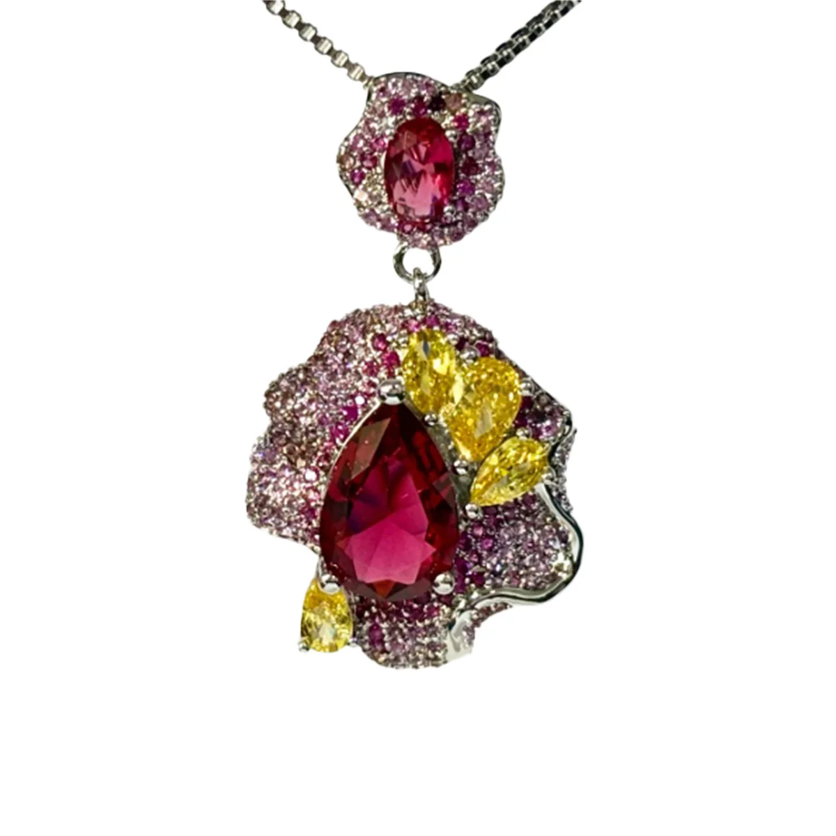

2025 Trendy Copper-Plated Flower Pendant Necklace with Ruby-like Red Center Stone, Pink Yellow CZ Accents, Fashion Jewelry for W