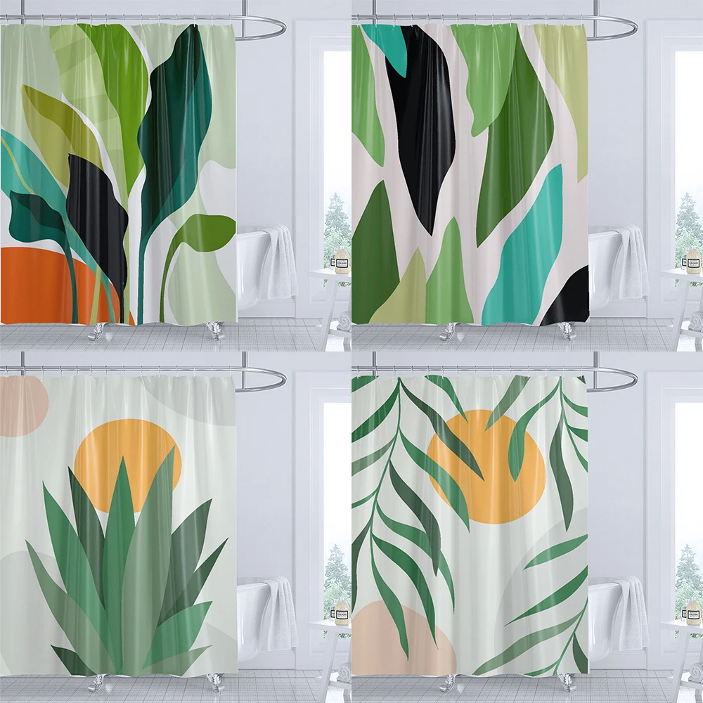 

Green Leaf Art Abstract Plants Shower Curtain Print Modern Nordic Minimalist Polyster Home Decor Bathroom Curtain with Hooks