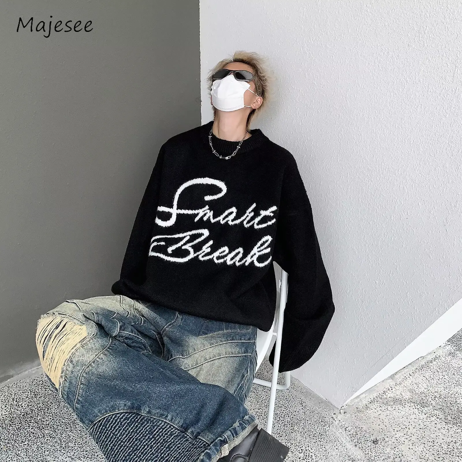 Pullover Männer Herbst Amerikanischen Retro Oansatz Alle-spiel Chic High Street Strickwaren Mode Hip Hop Harajuku Beliebte Langarm täglichen