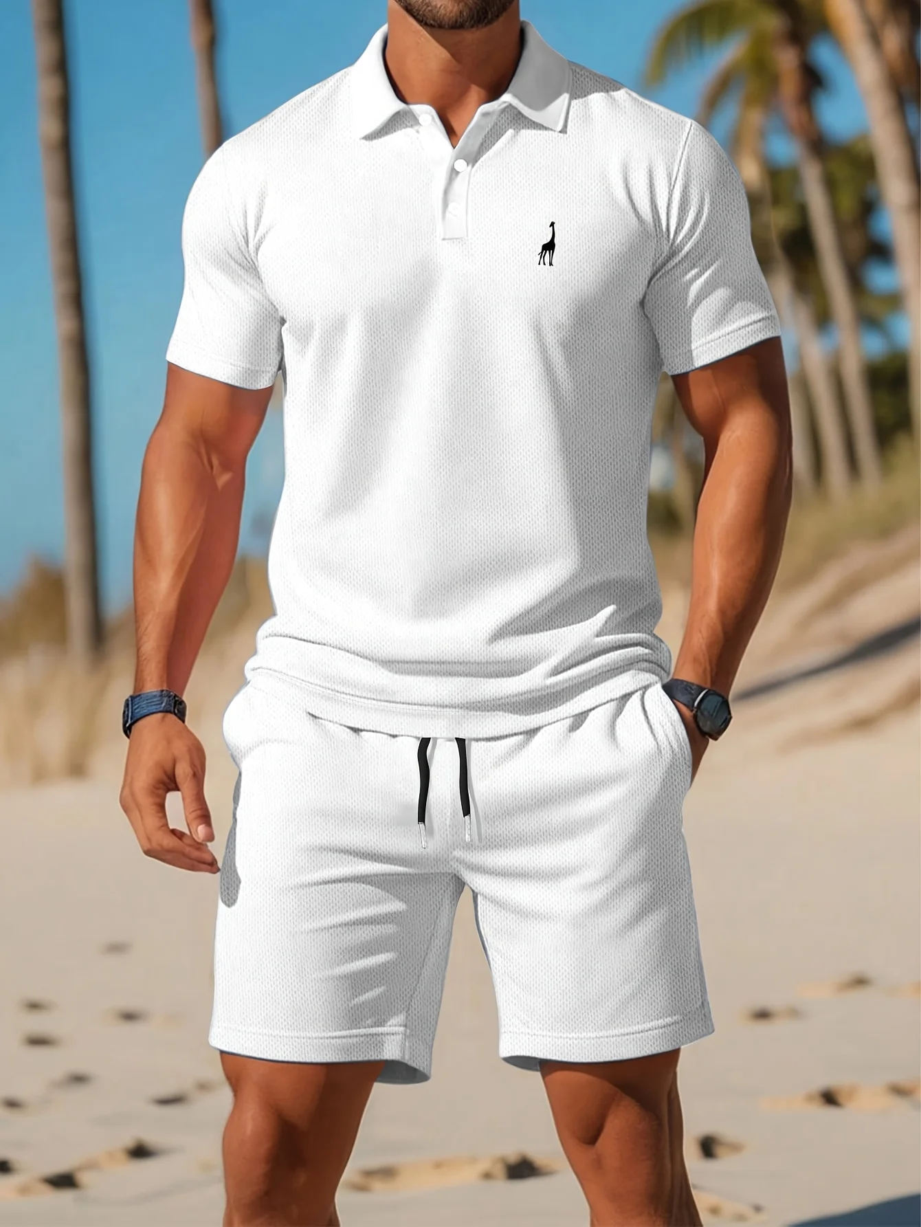 Men's Summer Set Dinosaur Logo Solid-Color Short-Sleeve Collared Shirt Polo Shirt and Drawstring Shorts Men's Two-Piece Set