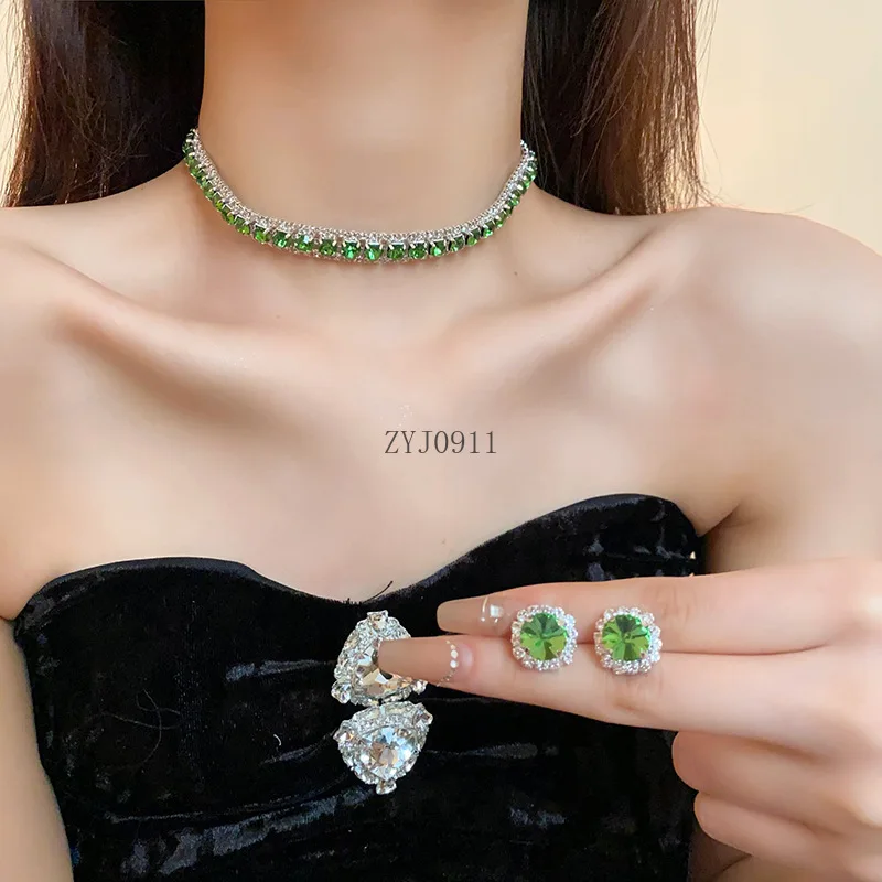 Inlaid Rhinestone Green Square Earrings Necklace Set Niche Creative Temperament Light Luxury High Sense Jewelry Sets Female