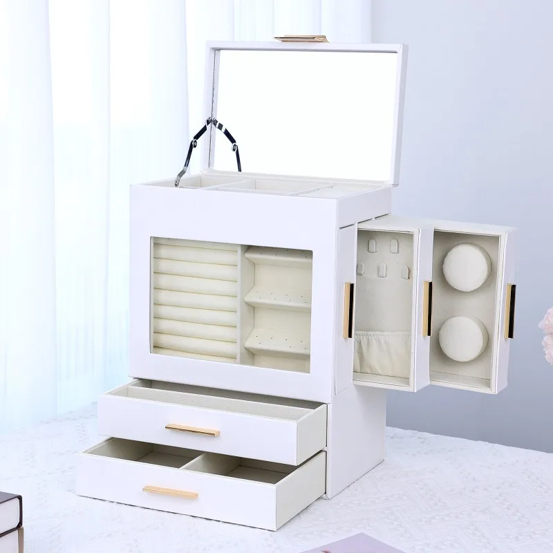 

Leather multi-functional three-dimensional jewelry box, multi-grid design with mirror, jewelry storage box, ring stud earrings