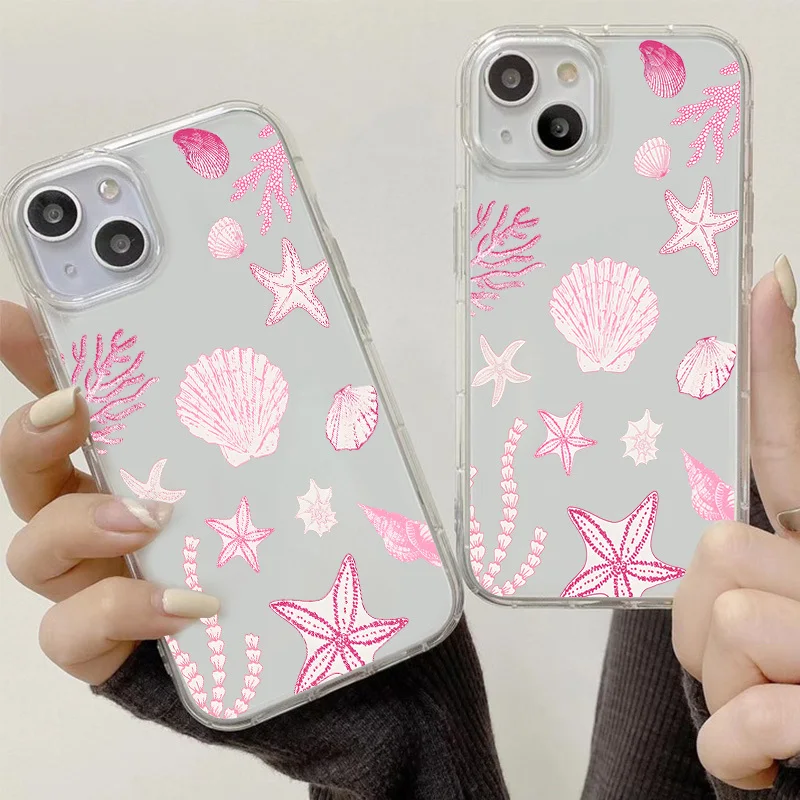 Pink Ocean Seashells Starfish Phone Case for IPhone 16 15 14 13 12 11 Pro Max XR 7 8 Plus Clear Soft Cover