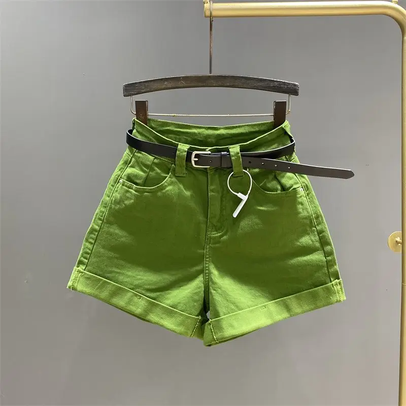 

Зеленые джинсовые шорты, женские джинсовые шорты 2025 года, новые тонкие шорты с высокой талией и широкими штанинами, джинсовые шорты