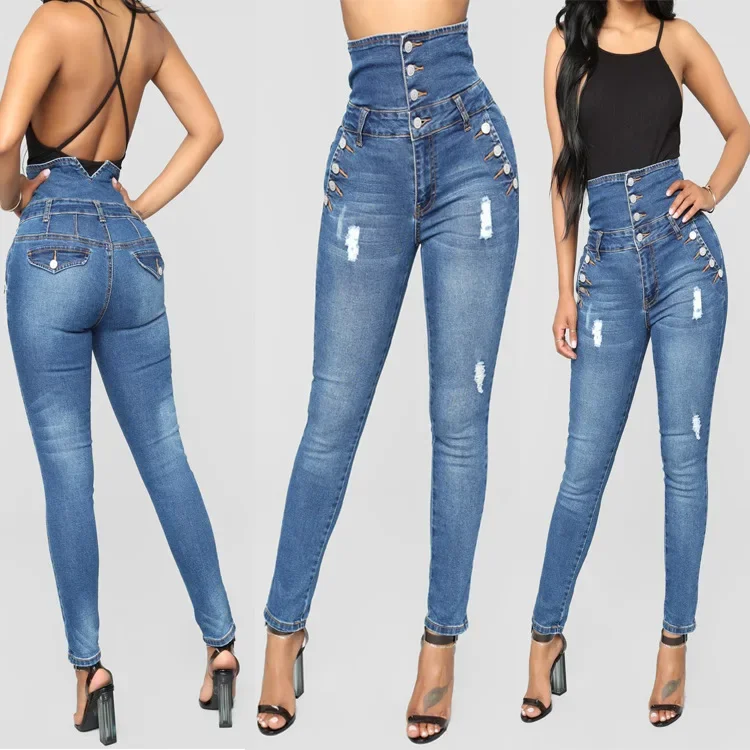 

Women Jeans Distressed High Waist Ankle Length Pencil Pants Denim Spliced Button Streetwear Slim Sheath Washing Zipper Fly