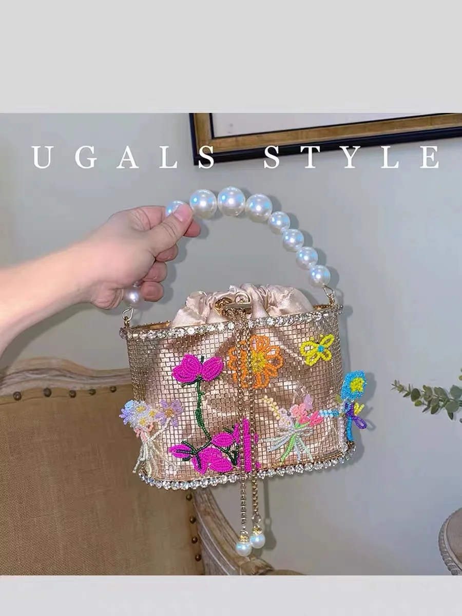 

Appliques Floral Metal Cage Pearl Beading Handbag Crystal Shiny Diamonds Evening Bag Wedding Party Clutch Purse Shoulder Bag