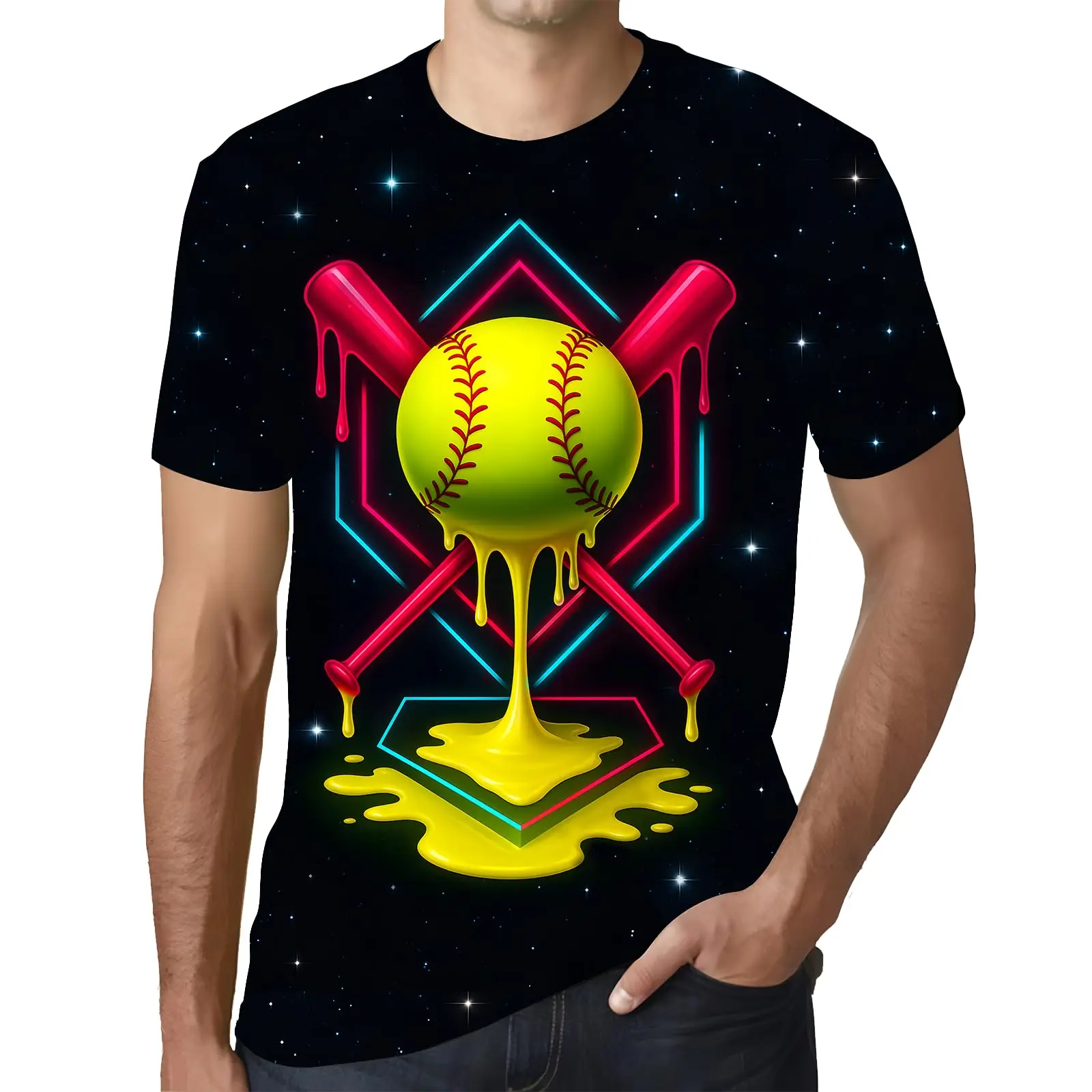 Men Baseball Graphic T-Shirt Neon Drip Print Short Sleeve O-Neck Tee Galaxy Starry Background Baseball Fan Streetwear Tops