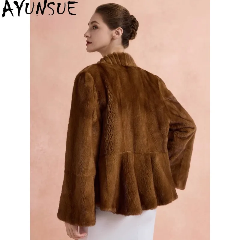 AYUNSUE Real Fur Coat Woman Luxury Fur Jacket Saga Whole Mink Fur Coats Woman New in Outerwears Elegant Woman Clothes Fourrure