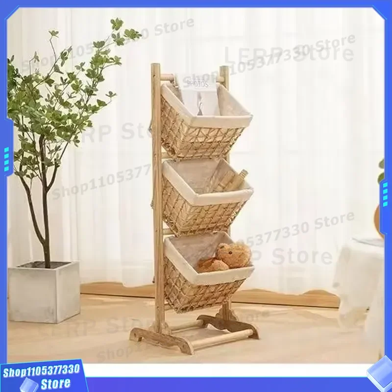 Multi Layer Rattan Hanging Basket Beech Wood Floor Standing Storage Rack for Bedroom Bathroom Durable Classic Design Home