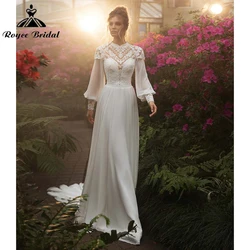 Boho High Neck Lantern Sleeve Lace Top Chiffon A Line Wedding Dress Custom For Women 2025 Bridal Gown vestidos de novia robe de