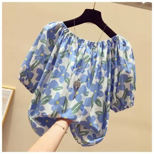 Women Summer Fashion Loose Floral Sexy Slash Neck Short Sleeve Chiffon Shirts Women Clothes Casual All-match Appear Thin Top Tee