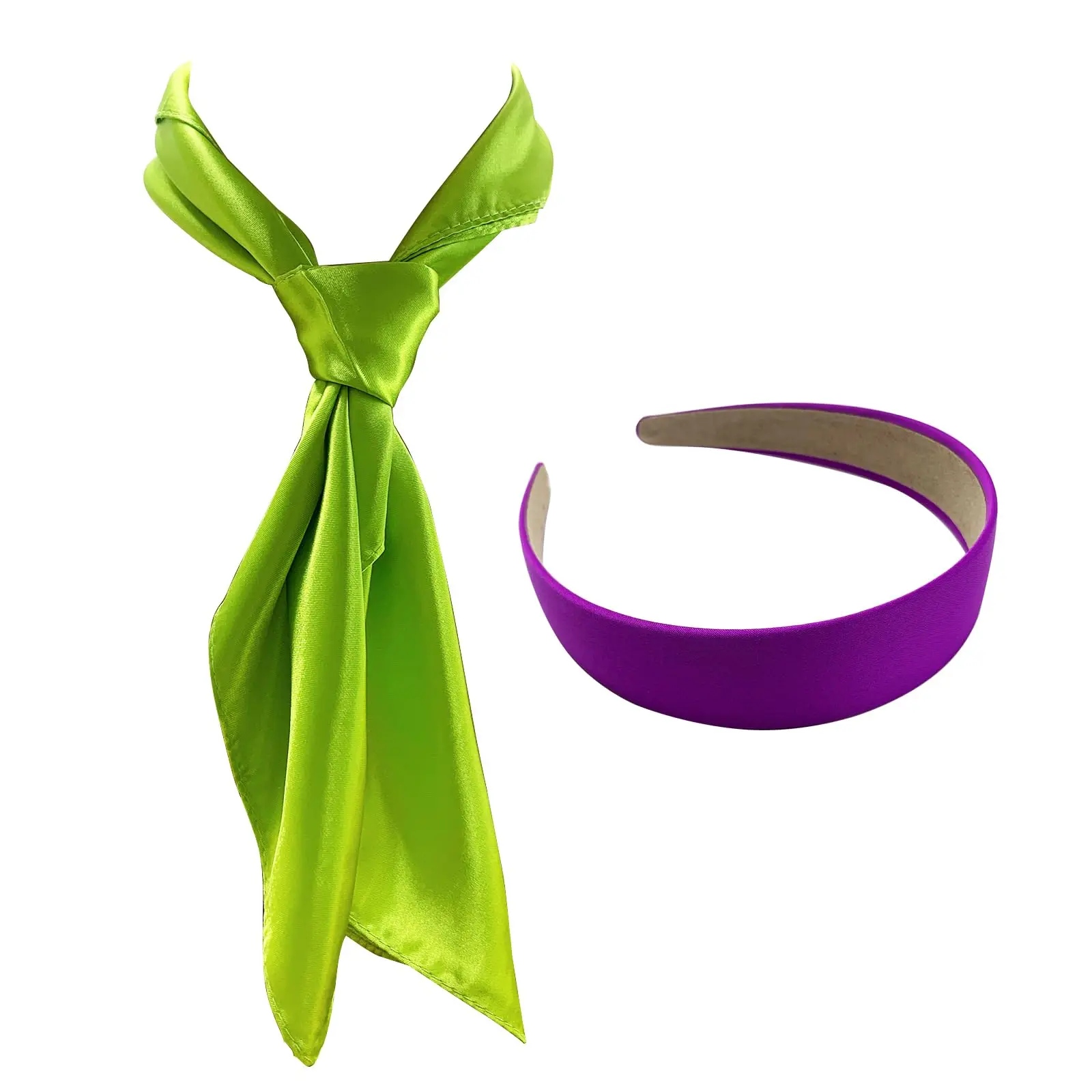 Green Scarf and Purple Headband for Women Girls Chiffon Square Ribbon Neck Scarf Lavender Headband Halloween