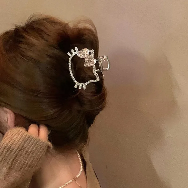 Diamond Hello Kitty Hairpin Metal Sparkling Crystal Y2K Kitty Shark Clip Silver Jewelry Cartoon Hair Clip Hair Accessories