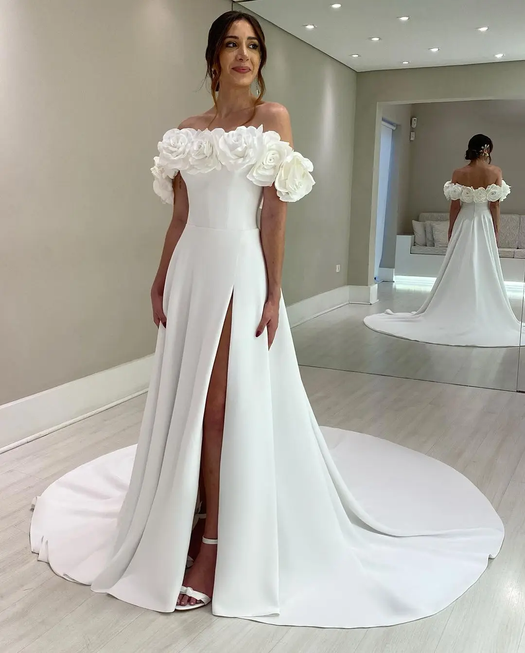 Vestido de novia de satén con escote rosa blanco elegante personalizado con pierna dividida y hombros descubiertos vestido de novia línea a para mujer 2024