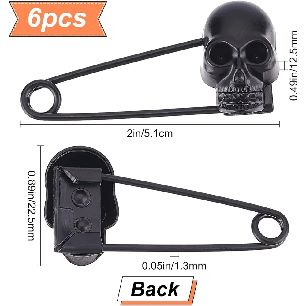 6PCS Black Skull Head Safety Pins Brooches Pins Bulk Zinc Alloy Coiless Safety Pin for Halloween Blankets Scarves Sweater