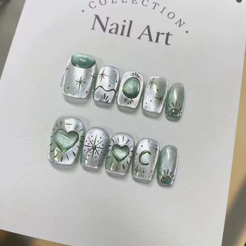 10 Stuks Ster Cat Eye Liefde Kunstnagels Art Met Jelly Lijm Ontwerp Korte Vierkante Franse Nep Nagels Herbruikbare Afgewerkt druk op Tips