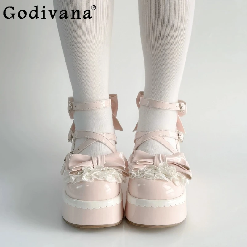 Scarpe da donna dolci con fiocco con plateau Lolita Scarpe da donna carine con tacco alto stile giapponese Scarpe Lolita rosa blu primavera estate femminile