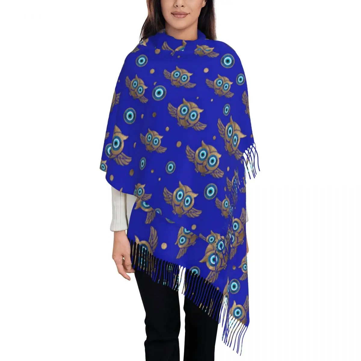 

Cute Owl Print Scarf Evil Eye Warm Shawl Wrap with Tassel Lady Vintage Scarves Wraps Winter Printed Bufanda