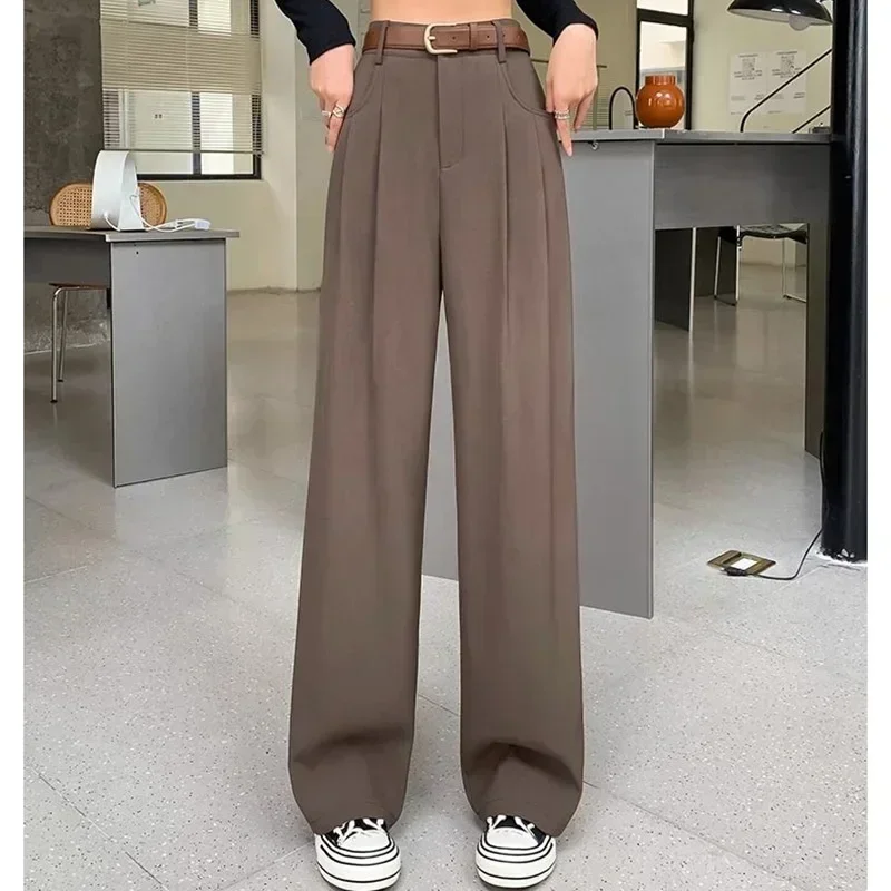 Frauen Mode Anzug Hosen Dame Atmungsaktive Baggy Hohe Taille Breite Bein Sommer Hosen Dame Gerade Bein Schwarz Kaffee Klassische Hosen – Detail 11