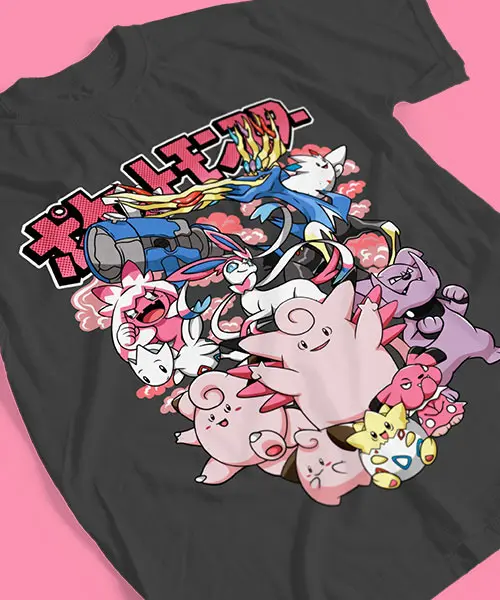 Pok É Mon Pink Party All Staff Gather Adult/Children Large Size Loose Breathable Cotton Summer New Short Sleeved T-shirt