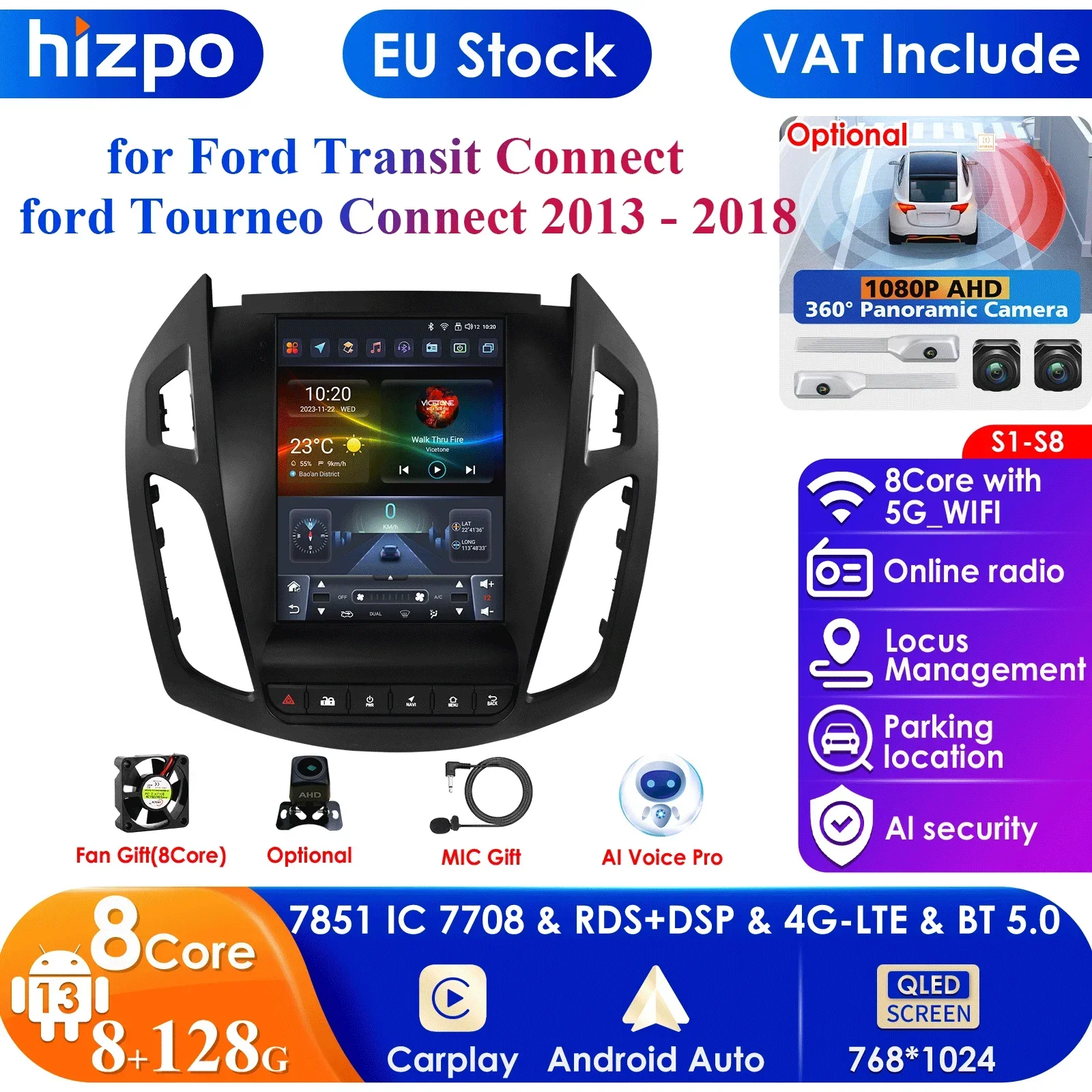 Hizpo carplay 4g 2din android rádio do carro para ford transit connect 2013 -2018 ford tourneo conectar reprodutor de vídeo multimídia gps dsp
