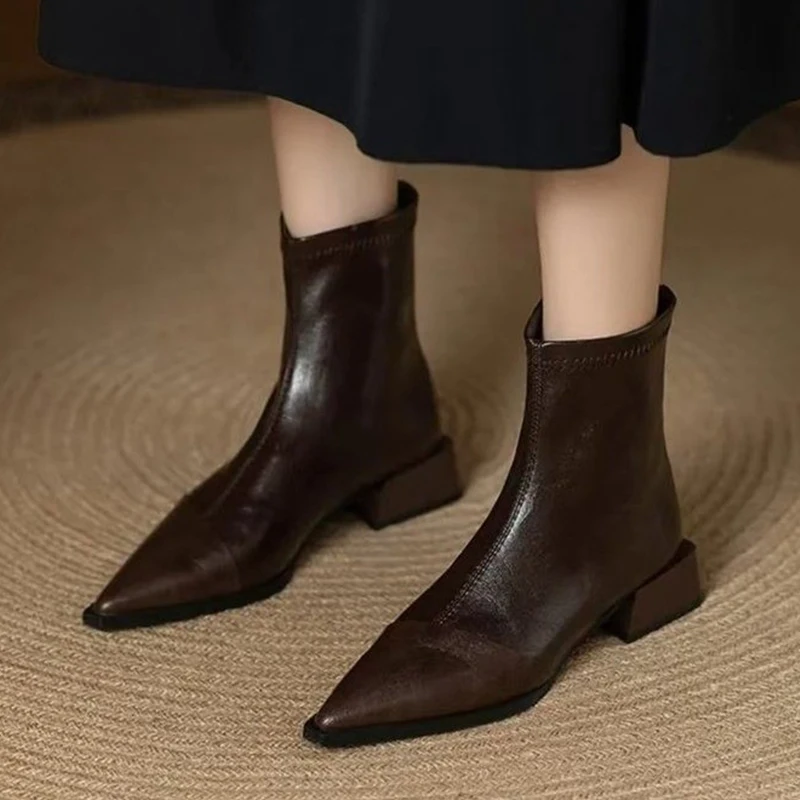 High Heels Women Ankle Boots Pointed Toe Shoes Chunky Short Boots 2026 Winter Trend Zip Leather Shoes Walking Chelsea Botas Lady