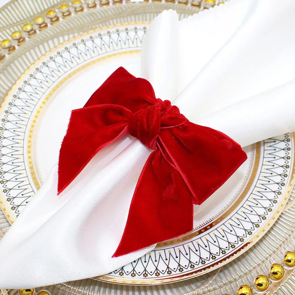 Creative Red Bowknot Christmas Napkin Rings Soft Flannel Napkin Holder Buckle Holiday Wedding Dinner Table Setting Decor