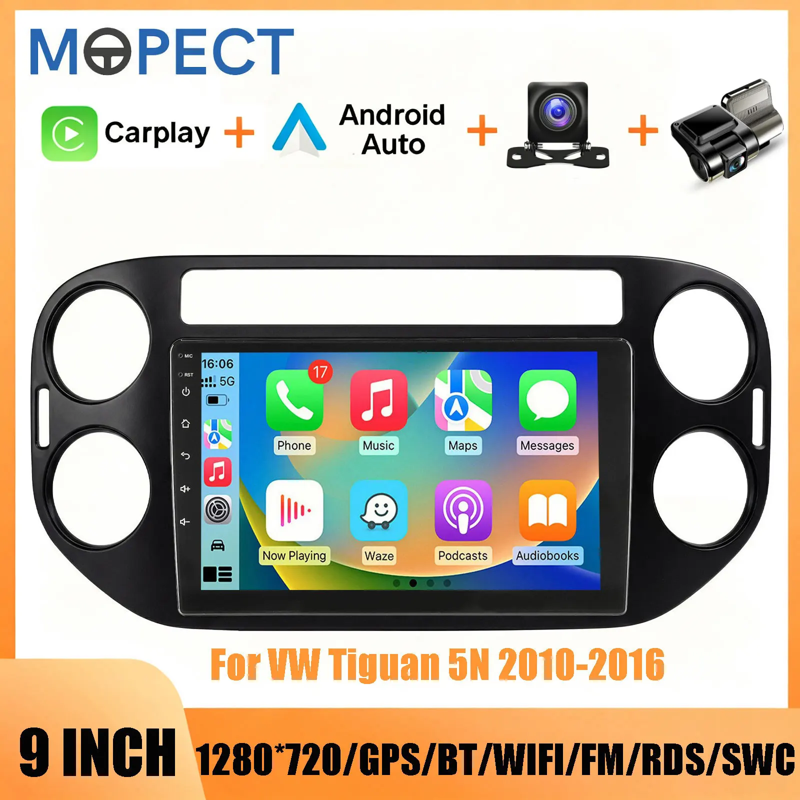 MOPECT 2DIN 9 Zoll Autoradio Stereo für VW 2010-2016 Volkswagen Tiguan 5N, kabelloses Carplay, Android Auto, Multimedia-Videoplayer, Headunit, GPS, FM, RDS, SWC, Kamera & Dashcam