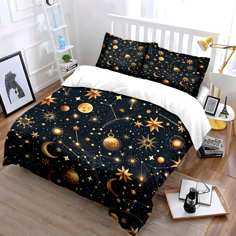 Gold Constellation Star Crescent Moon Duvet Cover Set, Dark Navy Galaxy Seamless Bedding Includes 1 Duvet Cover 2 Pillowcase