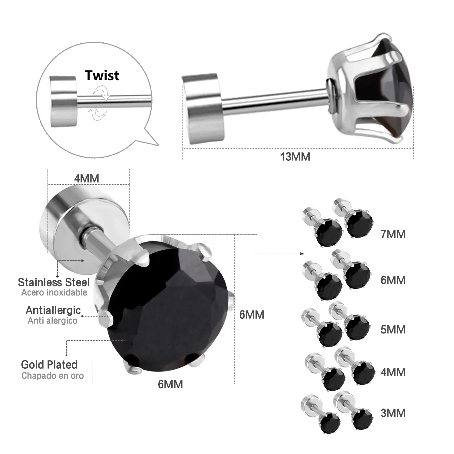 Trendy 2026 Black Zirconia Earrings for Man Women Anti-allergy Shiny Earring Stud Six Claws Twist Pack Tragus Cartilage Jewelry view 2