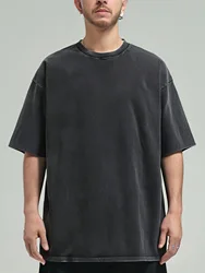 Sycpman Vintage Washed Cotton Short Sleeved T Shirt for Men Spring and Autumn Loose O-Neck Casual Tees Streetwear