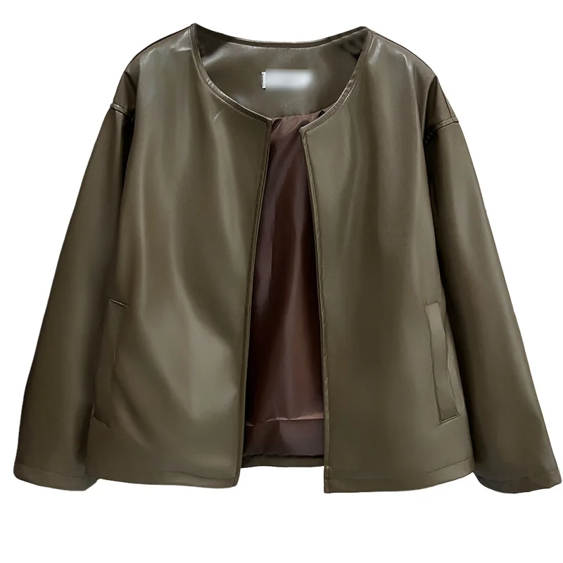 XXXXL Fashion Plus Size Women's PU Leather Jacket 2025 New Style Elegant button-free Simple Coats 1731