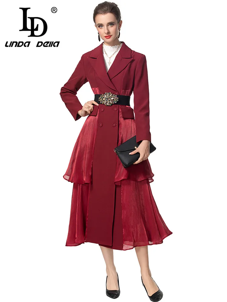 

LD LINDA DELLA Fashion Women's Coat Long Sleeved Double-Breasted With Belt Flounced Edge Slim Autumn and Winter Overcoat