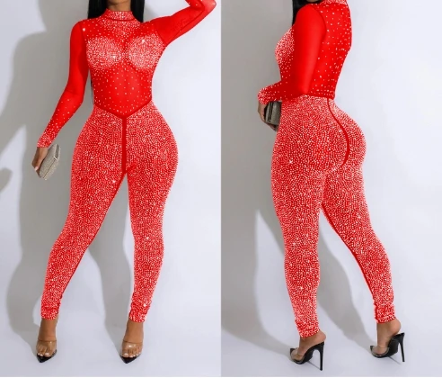 Sexy Jumpsuits for Women 2023 Overalls Fashion Nightclub Female Clothing Hot Drill Long-Sleeved See-Through Trousers Jumpsuit