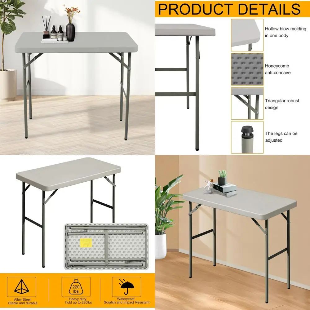 

Portable 2.7ft Grey Rectangular Folding Table - Durable HDPE and Steel for Indoor/Outdoor Events, Camping, and More