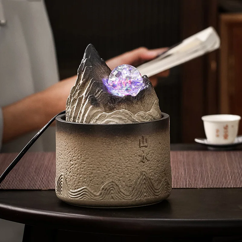 Zen Relaxation Tabletop Feng Shui Ball Water Fountain With LED Light Mountain River Desktop Fountains Home Office Decoration - view 5