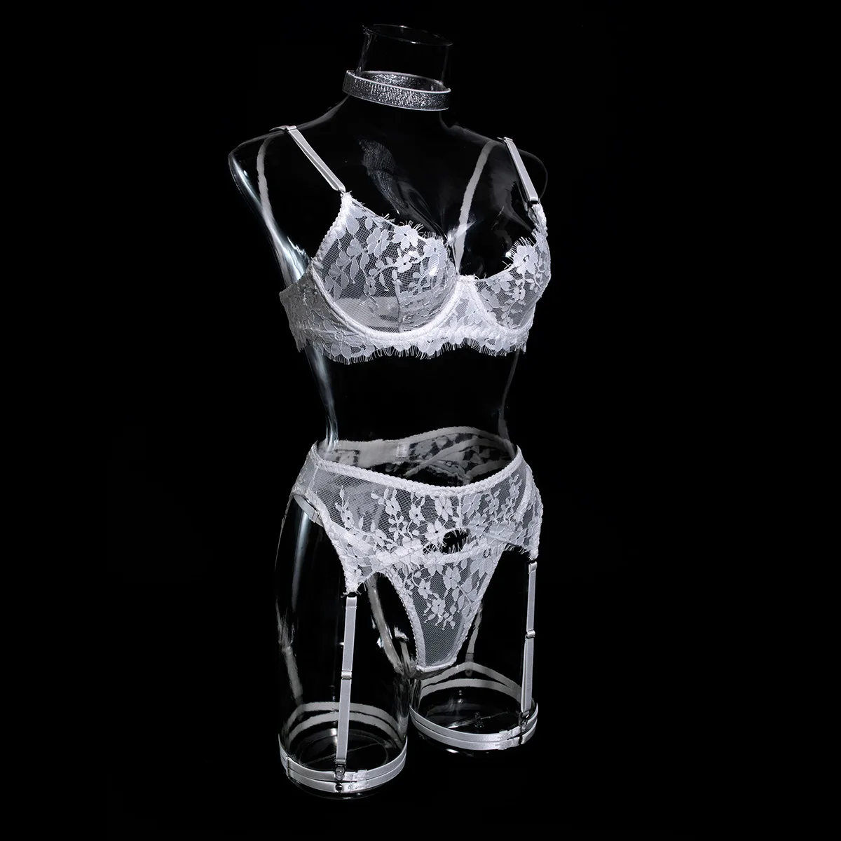 

French Flower Embroidery Lingerie 5Pcs Sets Mesh Lace Patchwork See Through Bras And Thongs Underwear Suits Erotic Intimate Suit