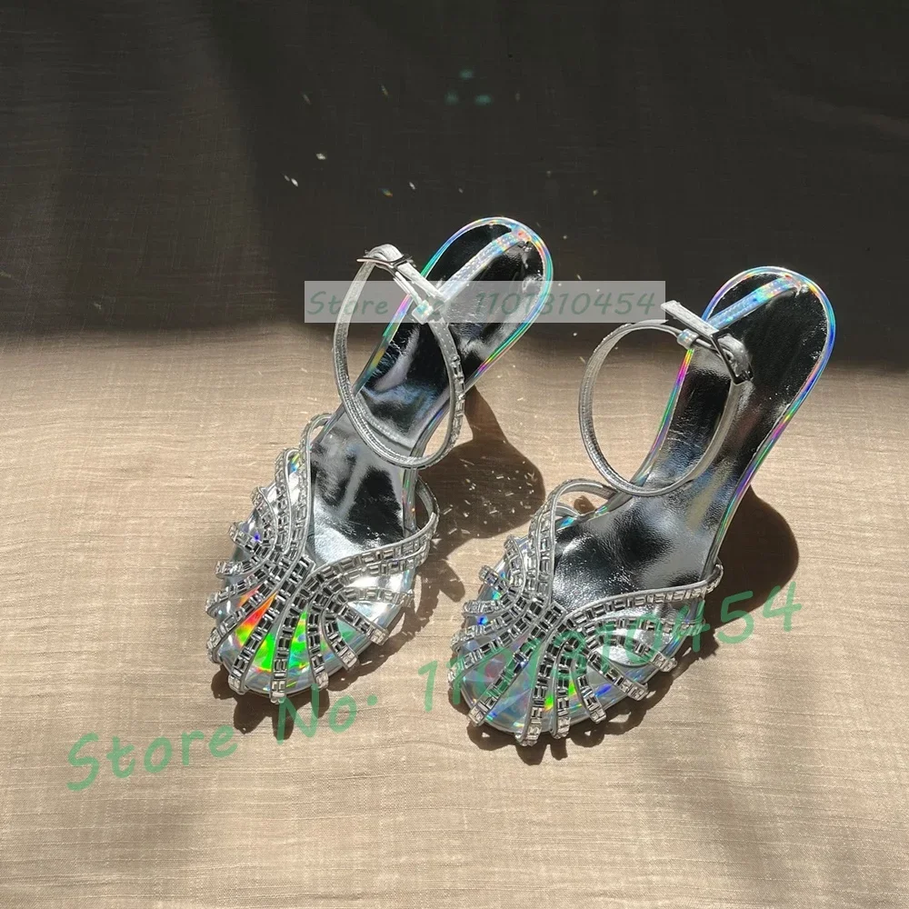 Colored Crystal Cross Strap Sandals Women Shimmer Iridescent Silver T Strap Shoes Ladies Stiletto High Heels Sexy Party Sandals