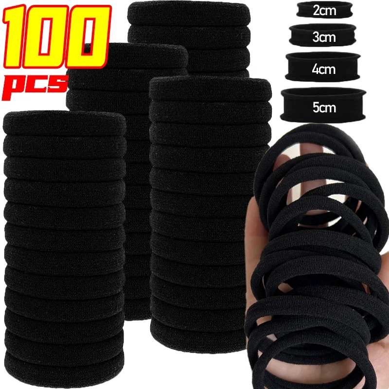 100 Uds. Bandas básicas negras para el cabello para mujeres y niñas, diadema Simple de alta elasticidad, lazos, cuerdas de goma, coleteros, accesorios