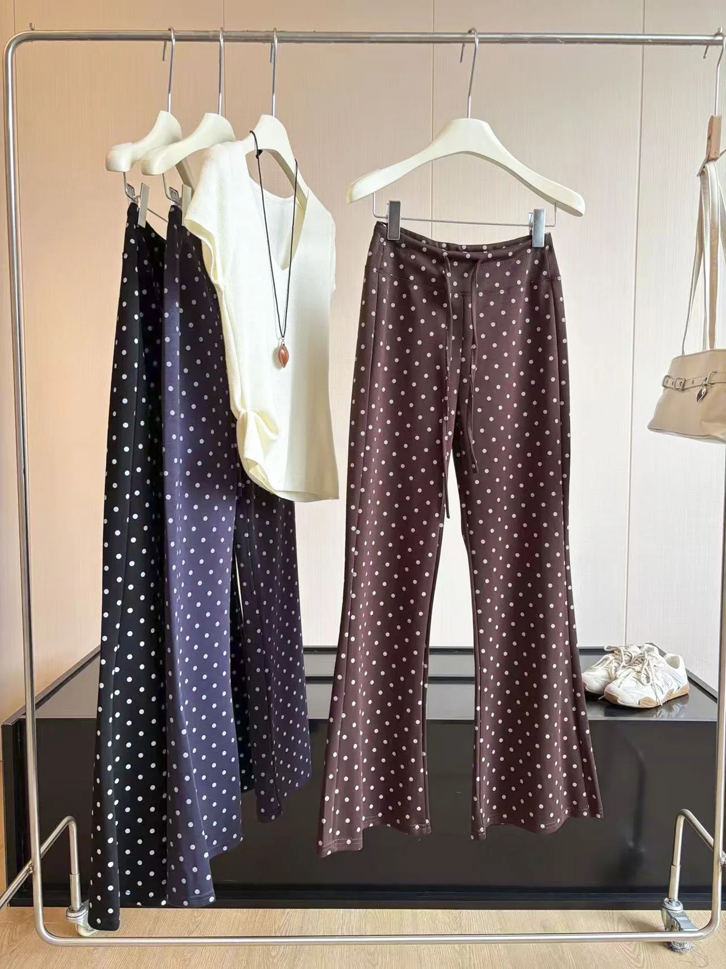 High Waist Casual Pants Women's Spring Autumn Fashion Checkered Micro Flared Design Polyester Fiber Commute Style Trousers