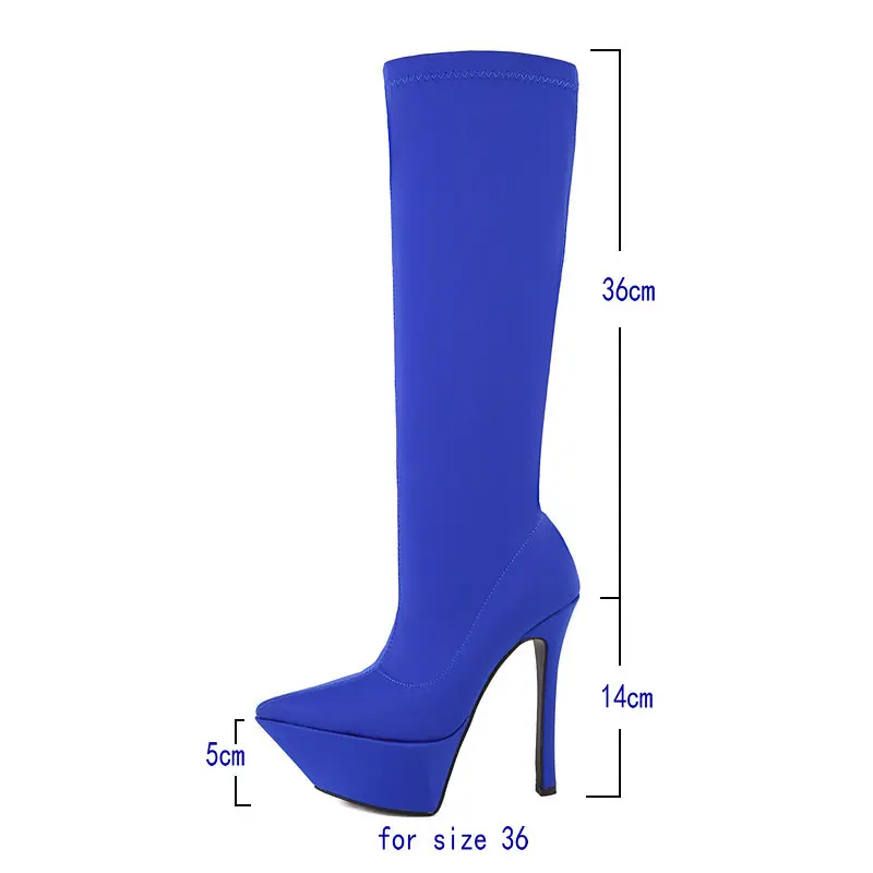 Blue Purple Rose Red Black Women Knee High Boots Platform Thin High Heel Ladies Stretch Boots Elastic Fabric Pointed Toe Shoes