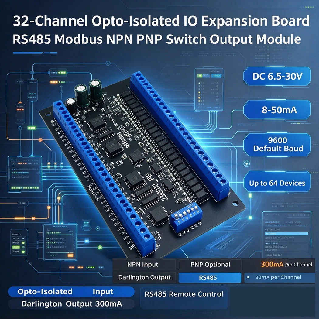 Modbus RTU RS485 Opto Isolated IO Module DC6.5-30V 8To48CH NPN PNP Input ULN2803 Darlington Output PLC Expansion Board