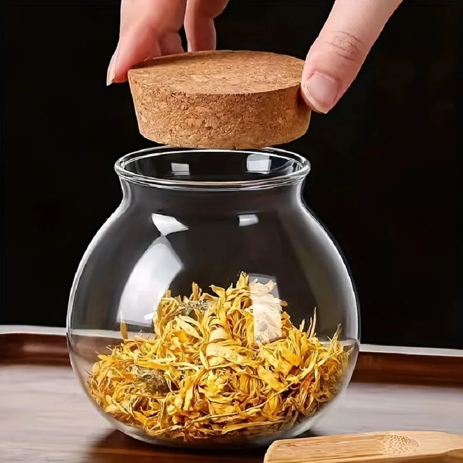 1pc Storage Container, 500ml Round Glass Storage Jar With Sustainable Cork Lid, For Coffee,Tea,Spices ,Kitchen Organizers