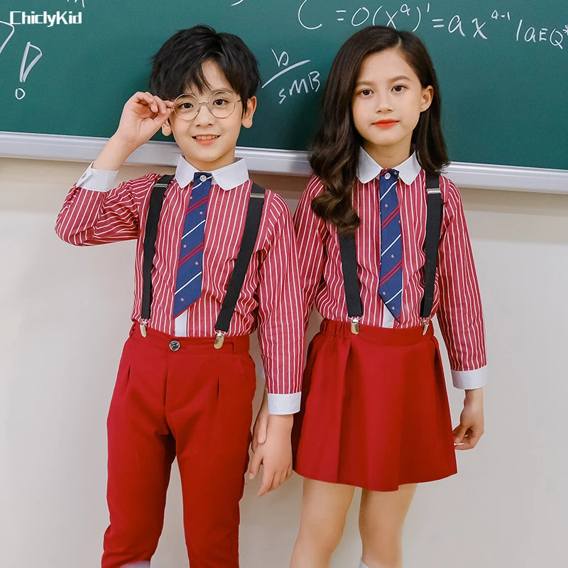 

Kids School Uniforms Girls British Striped Shirt Skirt Boys Suspender Pants Jumpsuits Chid Toddler Student Overalls Clothes Sets